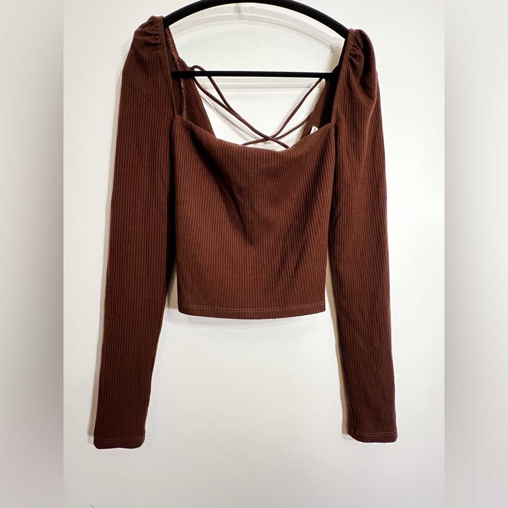 Reformation Brown Ribbed Long Sleeve Cropped Open Back Top